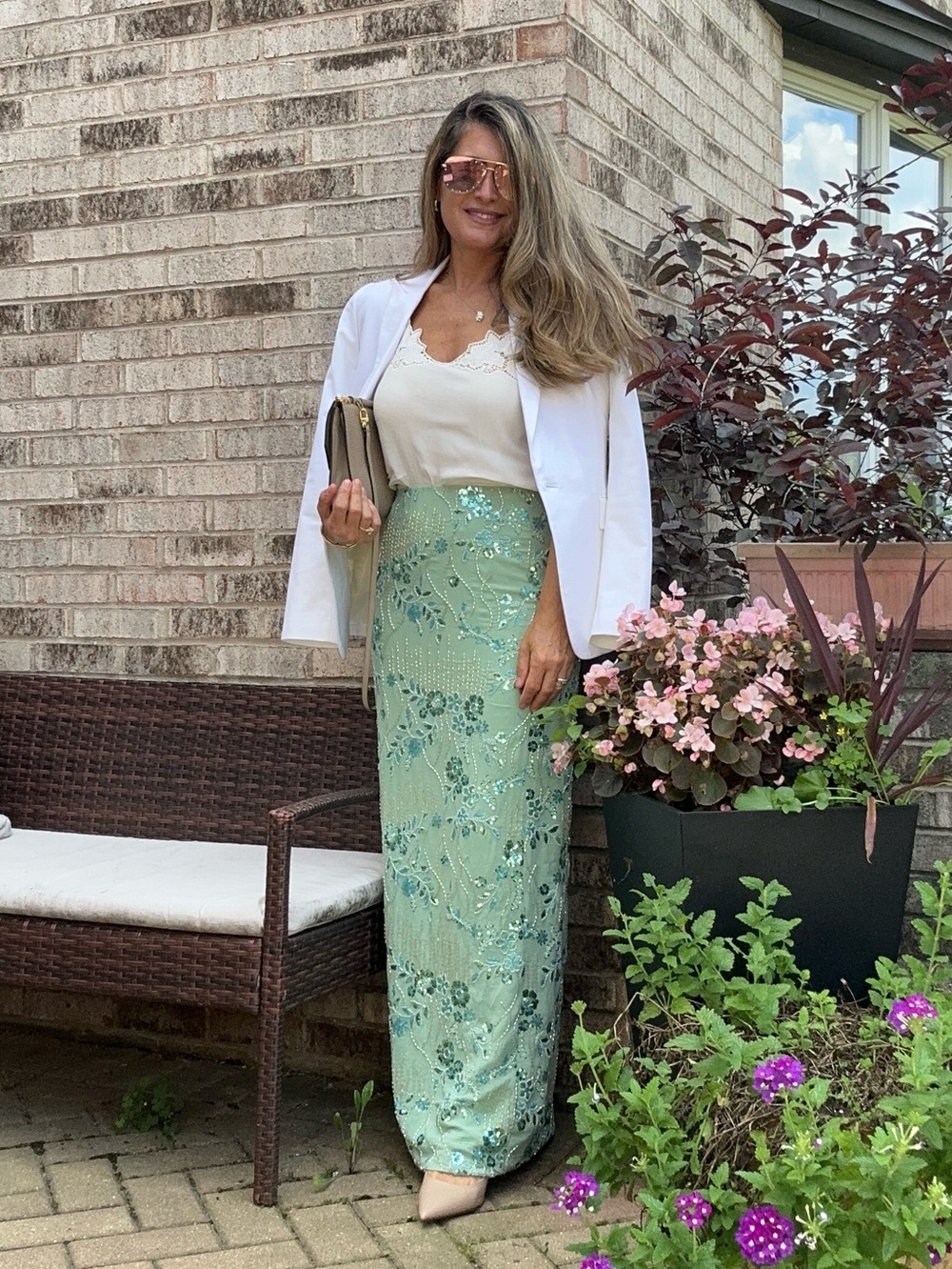Mint Green Sequin Floral Maxi Skirt - Women's Formal Skirt